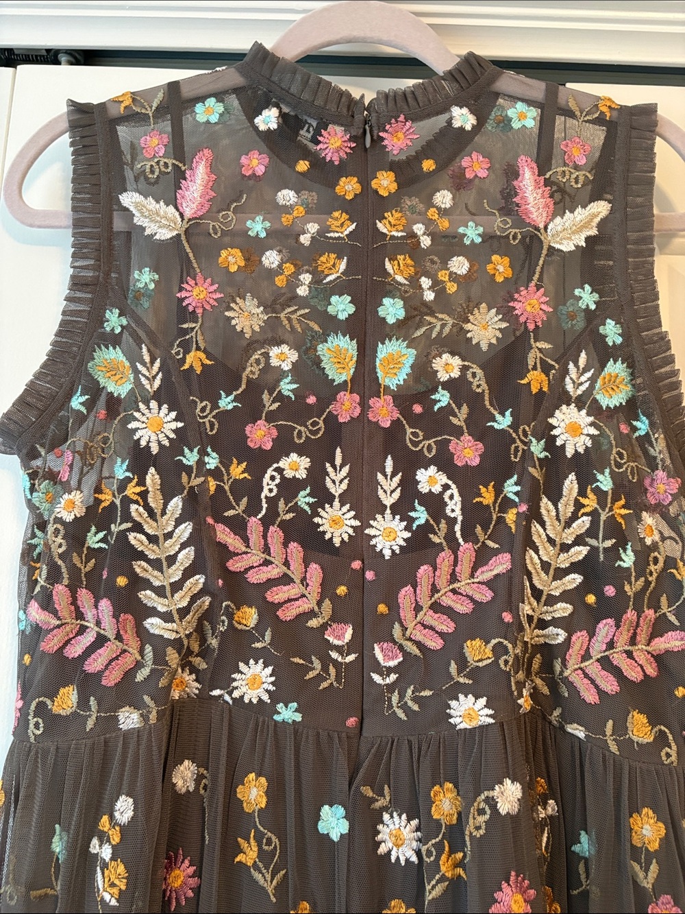 Sundance Brown Maxi Dress with Multicolor Floral Embroidery overlay. - Picture 4 of 5